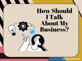 how should i talk about my business? woman looking at lightbulb cog and checkmark